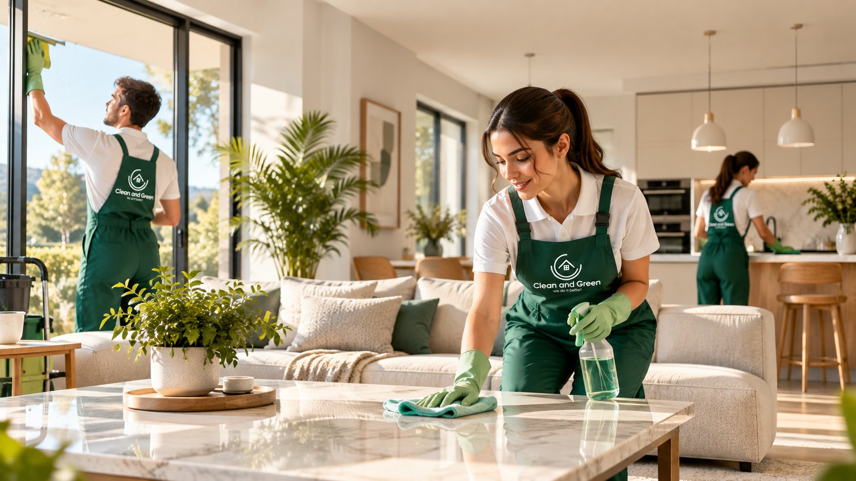 Clean and Green team cleaning a bright modern home